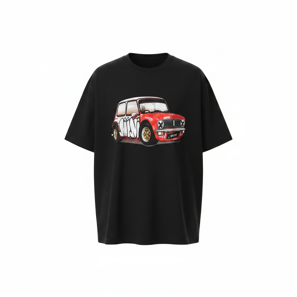 Unisex black rally car cartoon graphic oversized tee – ghost mannequin front view