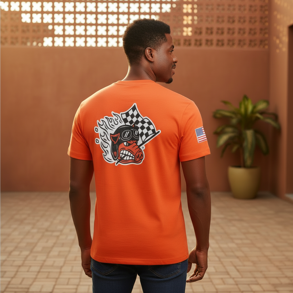 Nigerian male model wearing orange racing graphic tee, back view