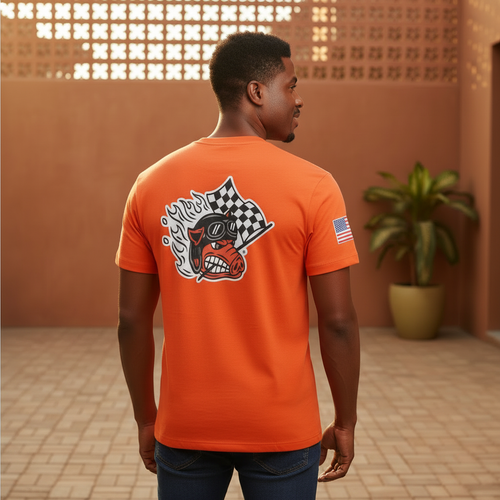 Nigerian male model wearing orange racing graphic tee, back view
