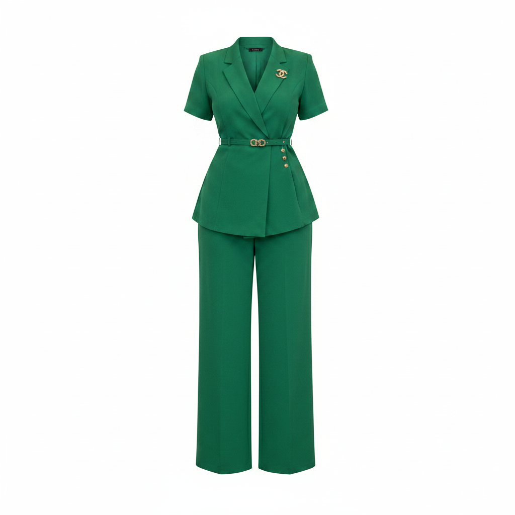 Women's short-sleeve belted blazer co-ord set in green – ghost mannequin front view
