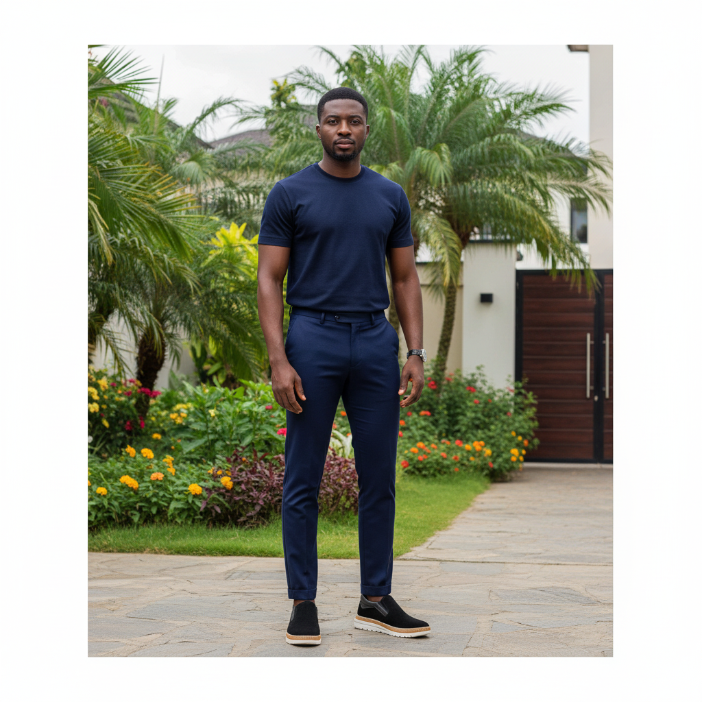 Nigerian male model wearing navy black suede slip-on sneakers with tri-layer sole in garden setting