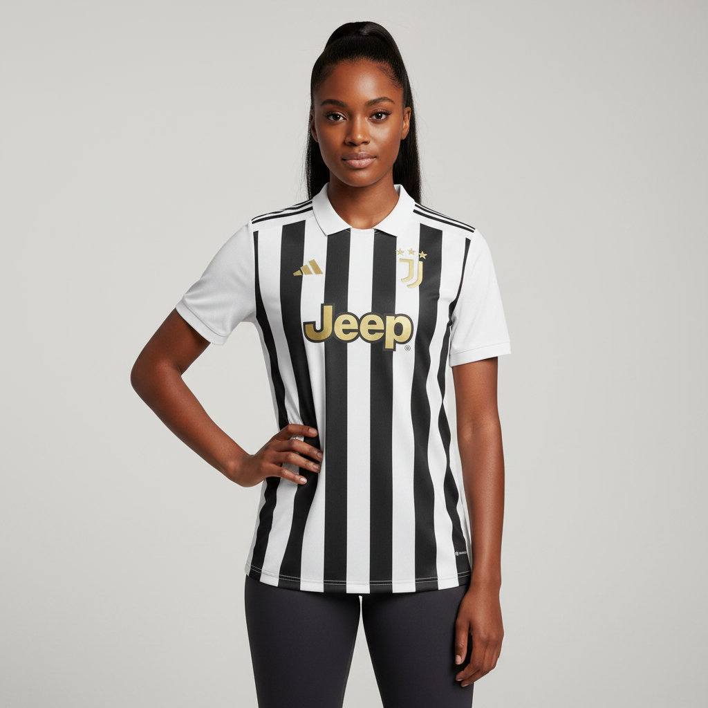Nigerian female model wearing Juventus home jersey