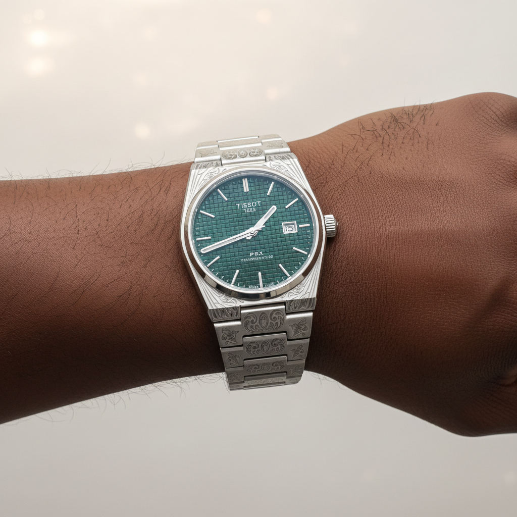 Nigerian male wrist wearing silver engraved forest green tapisserie dial dress watch