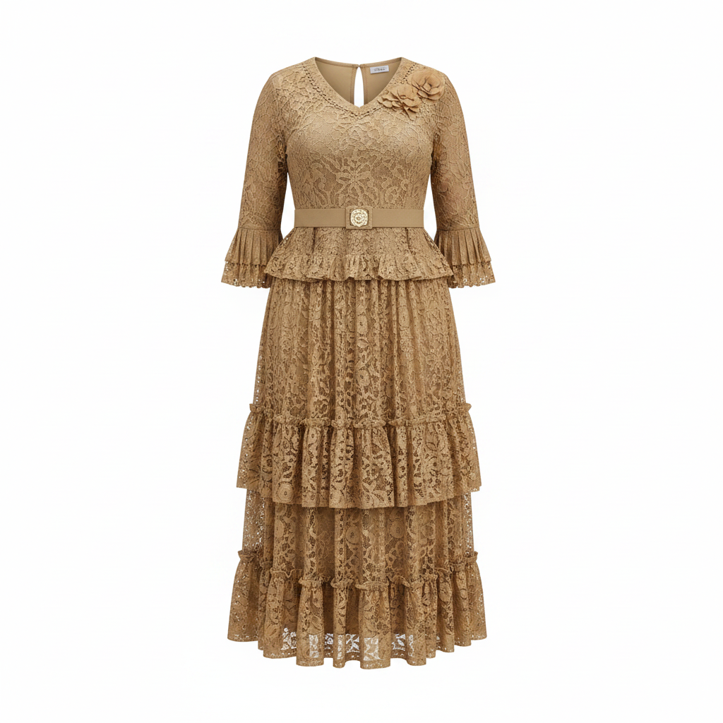 Ghost mannequin view of gold champagne lace peplum top and tiered midi skirt set