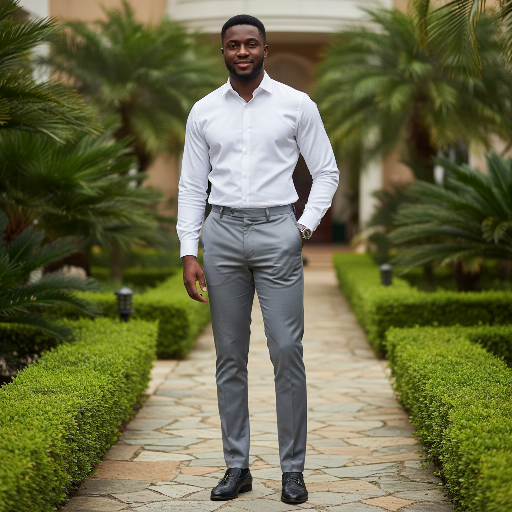 Adult Nigerian male model wearing grey slim straight chino trousers in garden setting