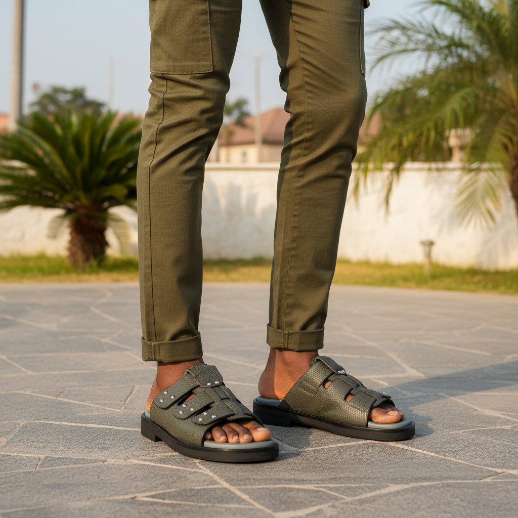 Nigerian male model wearing olive green pebbled leather triple-strap stud slide sandals, tight zoomed-in luxury streetwear leg focus lifestyle shot