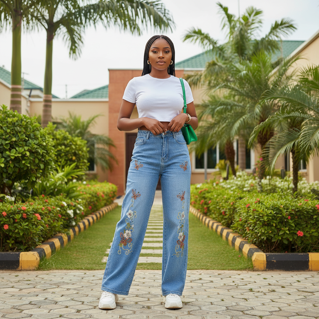 Women's Light Blue Butterfly Embroidered Wide-Leg Denim Jeans – Nigerian Model Shot