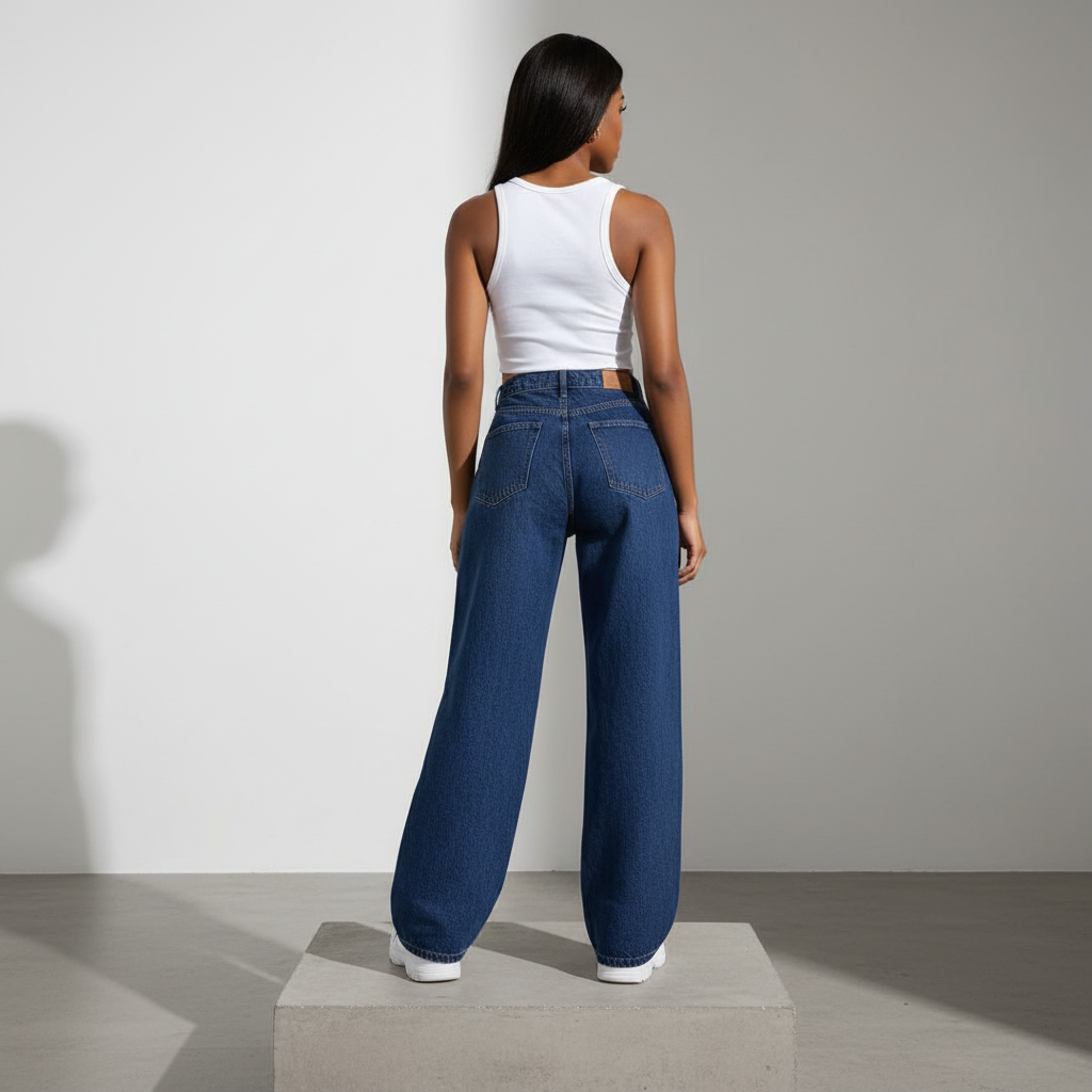 Navy Blue High-Waist Baggy Wide-Leg Jeans – Back Model