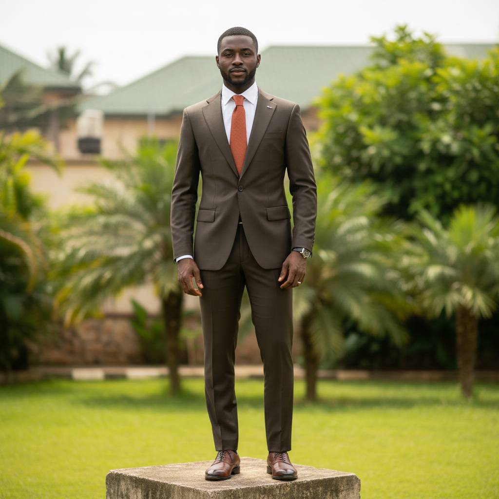 Nigerian male model wearing men's dark olive brown 2-piece single-breasted formal suit, garden setting