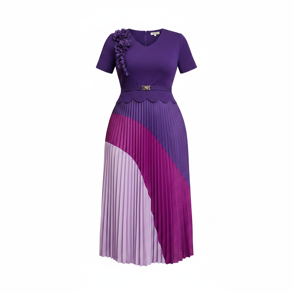 Women's purple tri-tone colour-block pleated midi gown ghost mannequin view on white background
