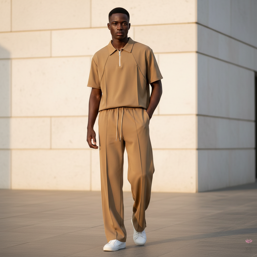 Male model wearing camel tan polo and trouser two-piece set