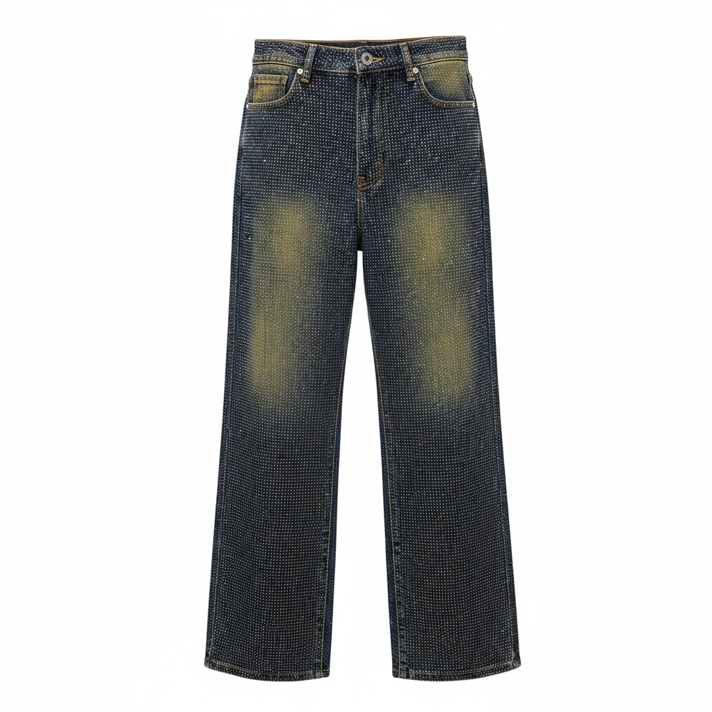 Navy All-Over Rhinestone Vintage Fade Wide-Leg Denim Jeans - Ghost Mannequin Front