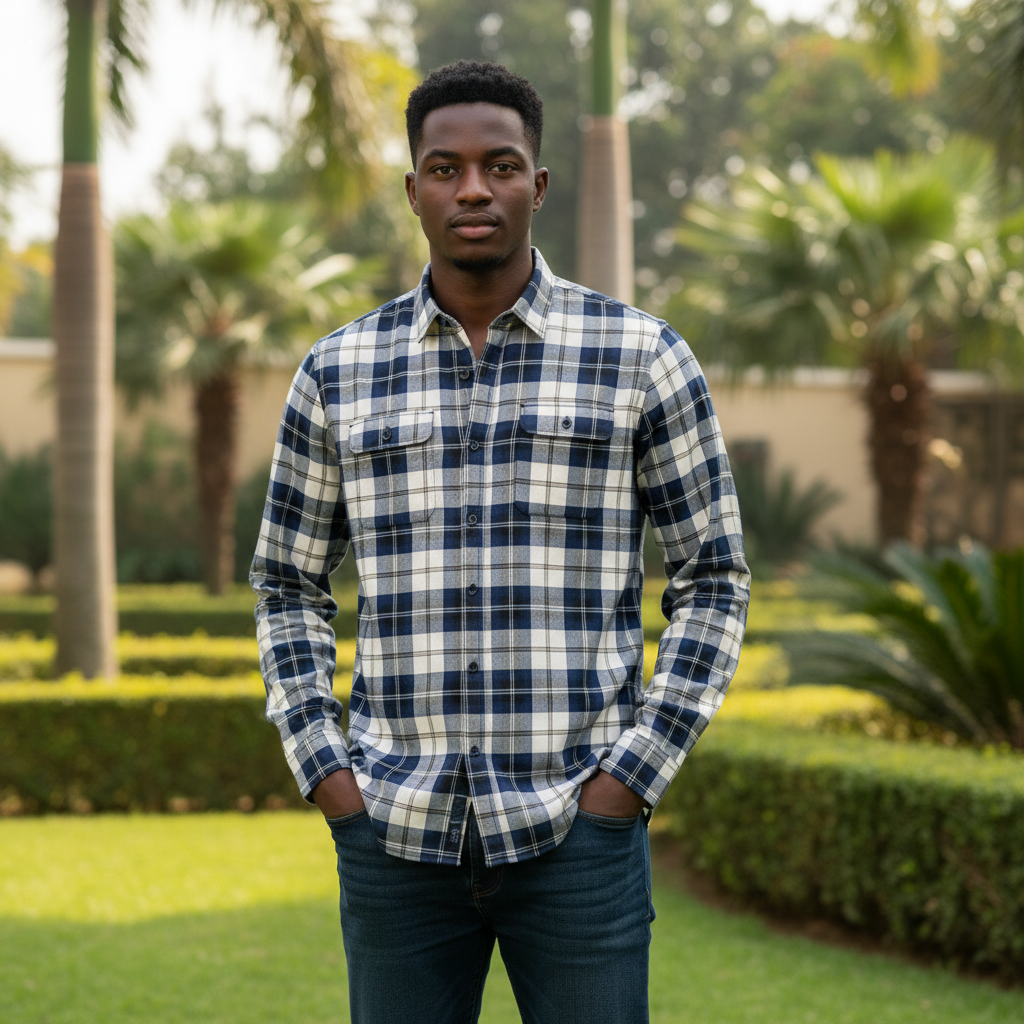 Young Nigerian male wearing navy cream grey check plaid long sleeve shirt with twin chest pockets