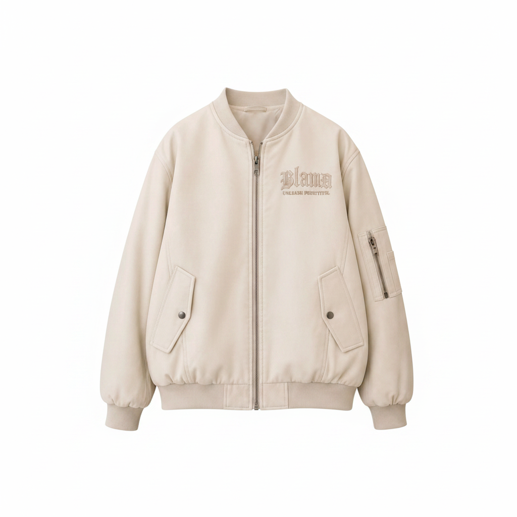 Men's Cream Oversized Bomber Jacket – Ghost Mannequin Front View