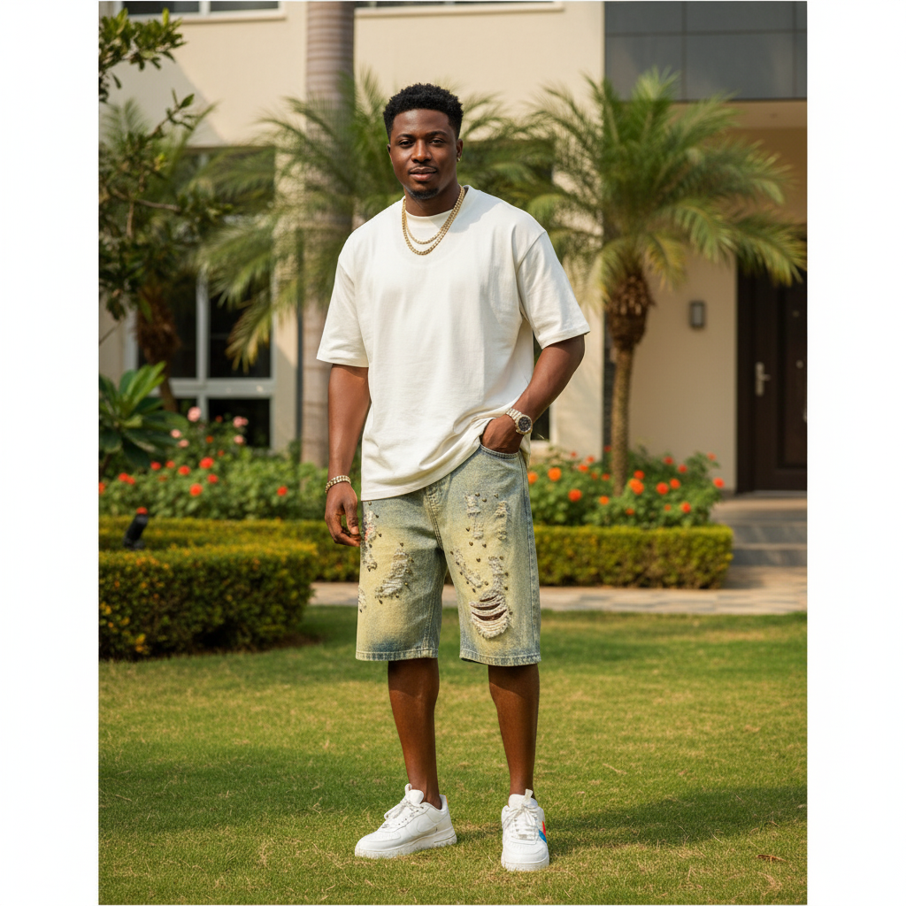 Nigerian male model wearing acid wash studded distressed denim shorts in upscale outdoor setting