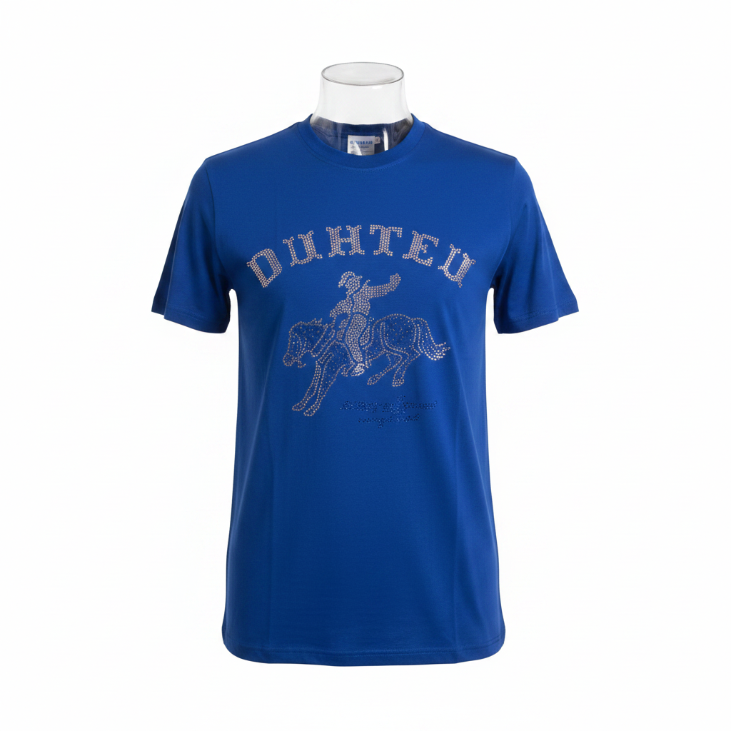 Ghost mannequin front view of royal blue rhinestone collegiate horse rider tee