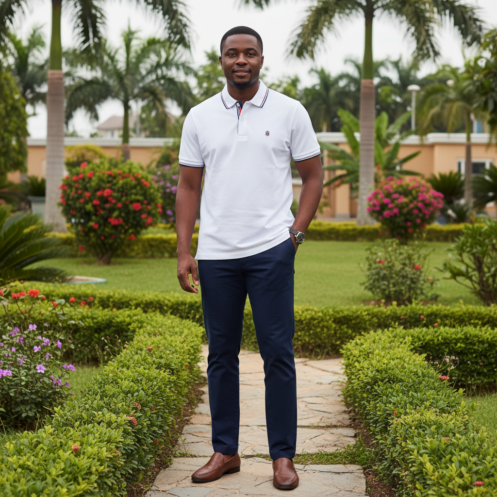 Nigerian male model wearing white contrast trim polo shirt