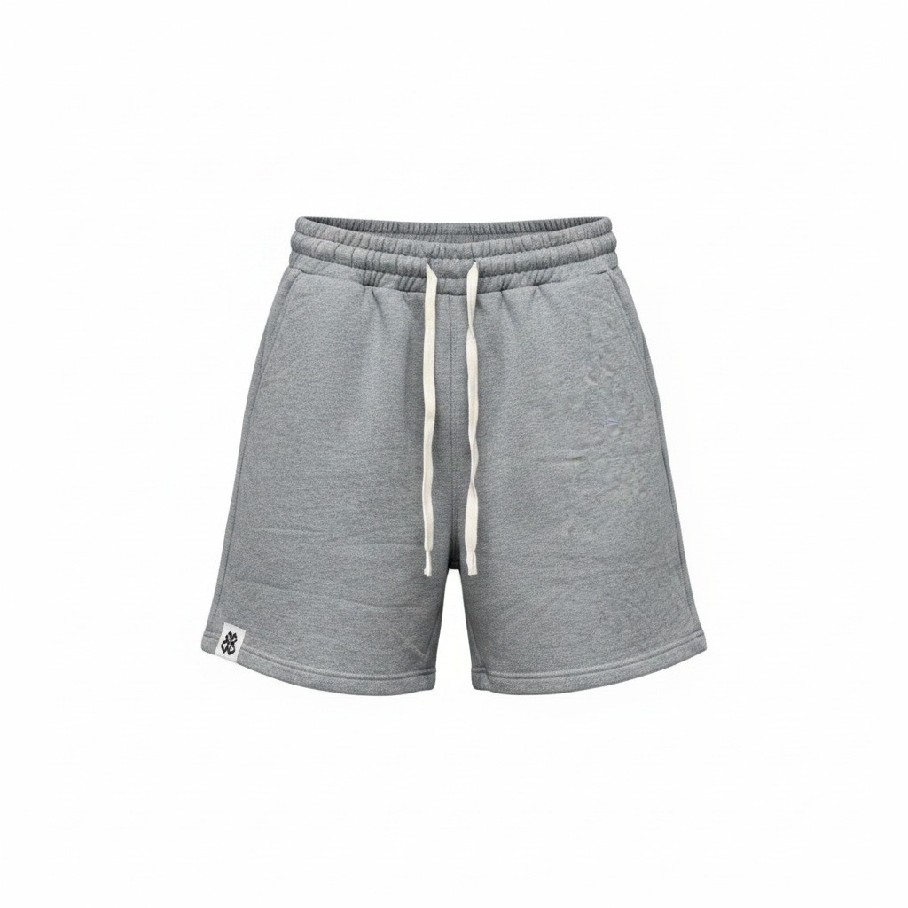 Men's heather grey minimalist logo patch fleece shorts — ghost mannequin front view