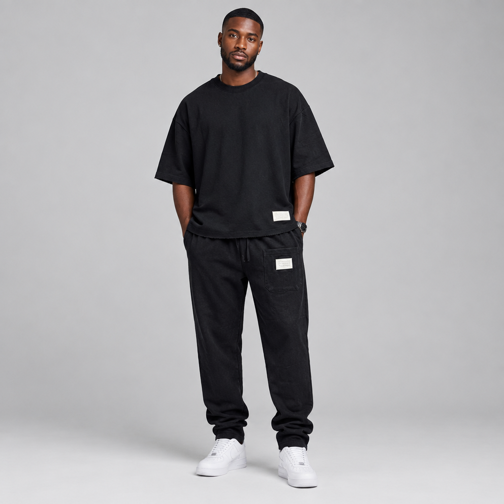 Nigerian male model wearing black oversized t-shirt and jogger tracksuit set