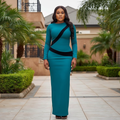 Nigerian female model wearing teal bodycon maxi dress with diagonal black contrast band