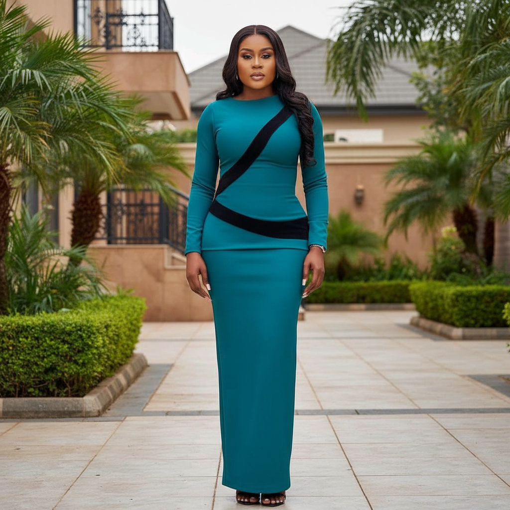 Nigerian female model wearing teal bodycon maxi dress with diagonal black contrast band
