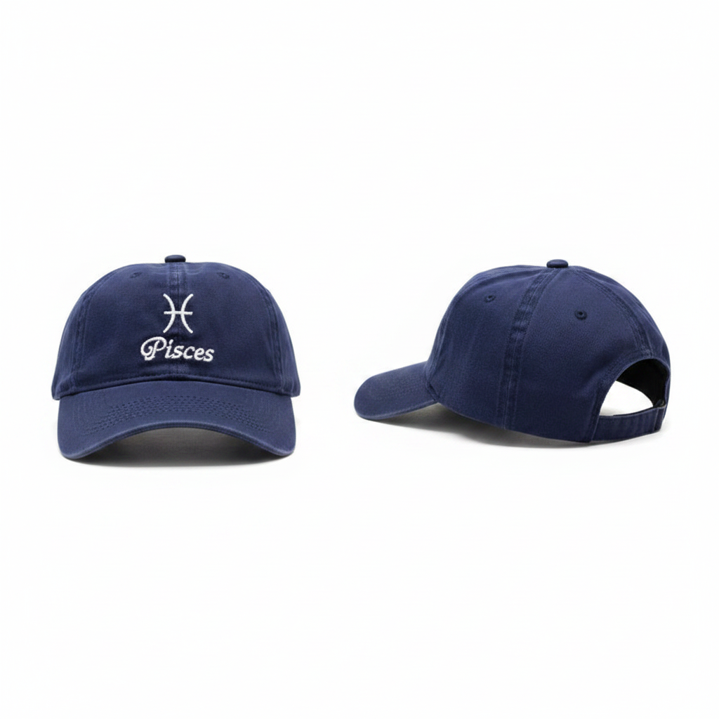 Navy blue Pisces zodiac embroidered baseball cap ghost mannequin front and rear-side view