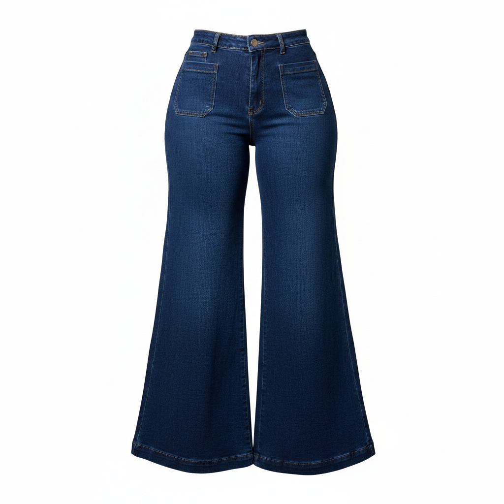 Women's dark blue high-waist wide-leg flared denim jeans - ghost mannequin front view