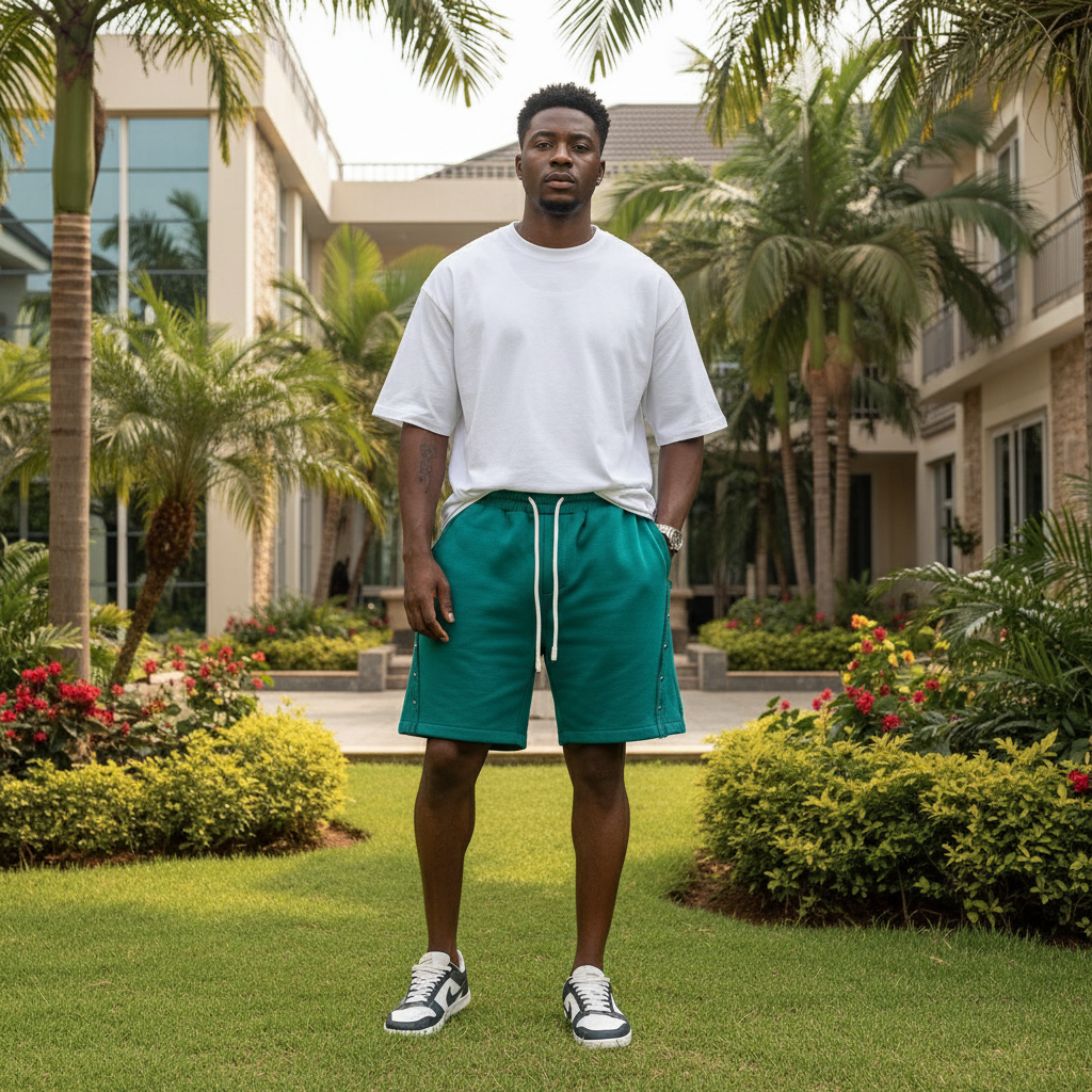Nigerian male model wearing teal green snap button side seam fleece drawstring shorts in upscale outdoor setting