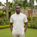 Cream Striped Knit Polo – Nigerian male model front view