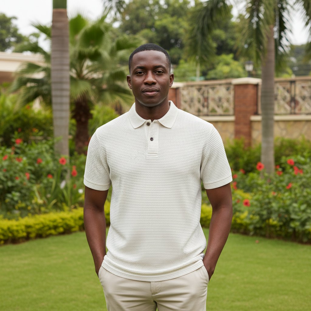 Cream Striped Knit Polo – Nigerian male model front view
