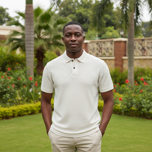 Cream Striped Knit Polo - Nigerian male model front view