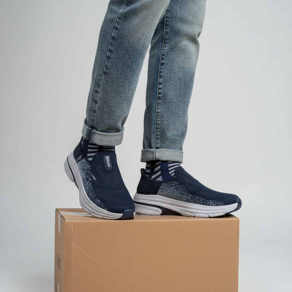 Men's navy blue hands-free slip-in sneakers Nigerian male model leg shot
