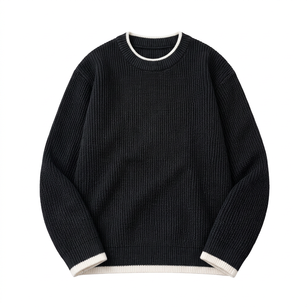 Black textured crew-neck knit sweater with white edging at neck cuffs and hem