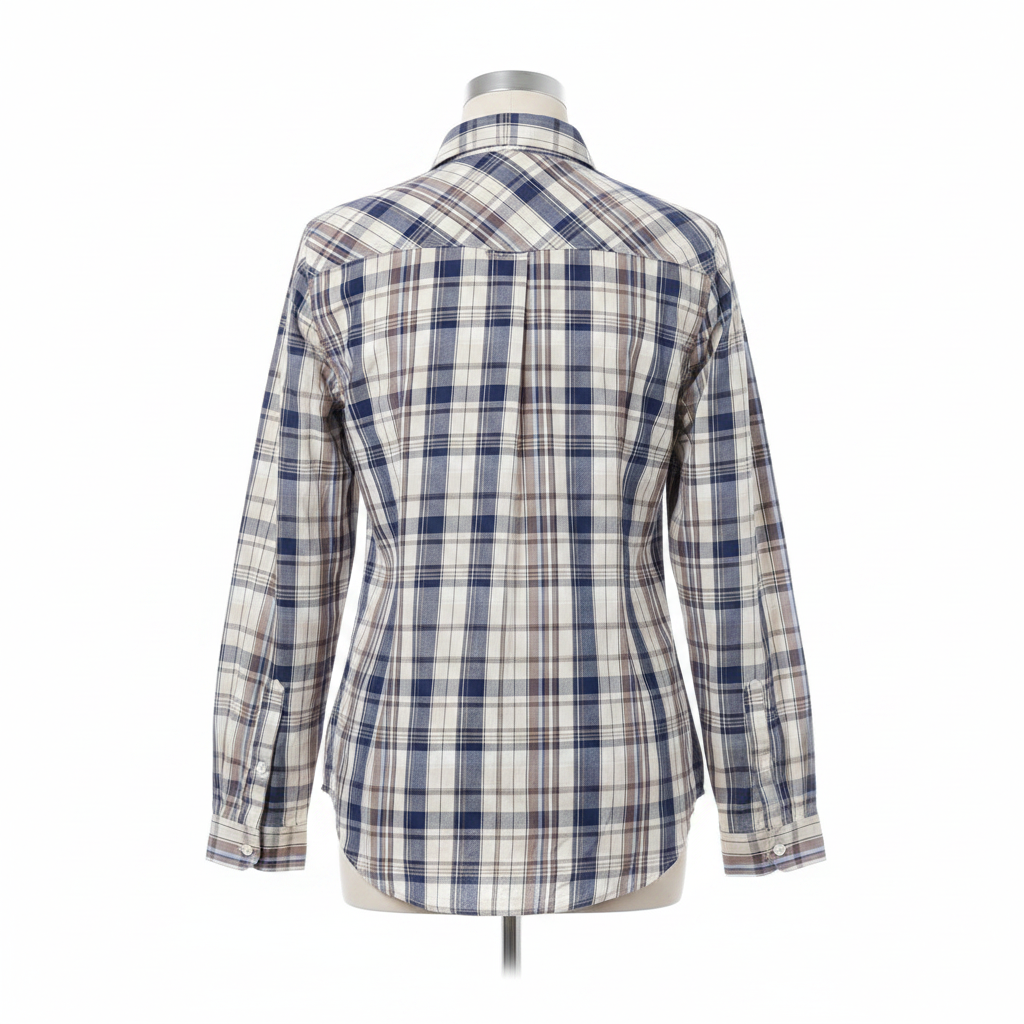 White navy blue plaid long-sleeved shirt ghost mannequin back view