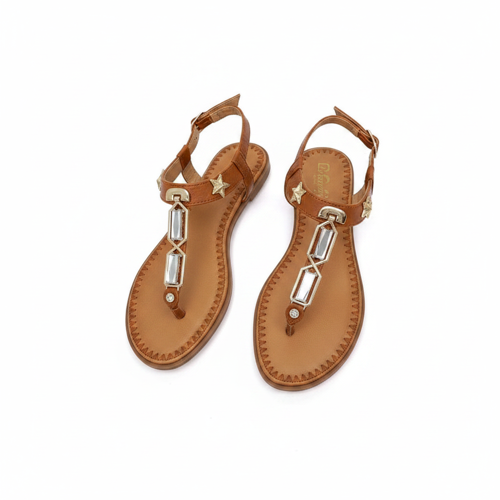 Women's Geometric Gem T-Strap Flat Thong Sandal - Brown Ghost Mannequin