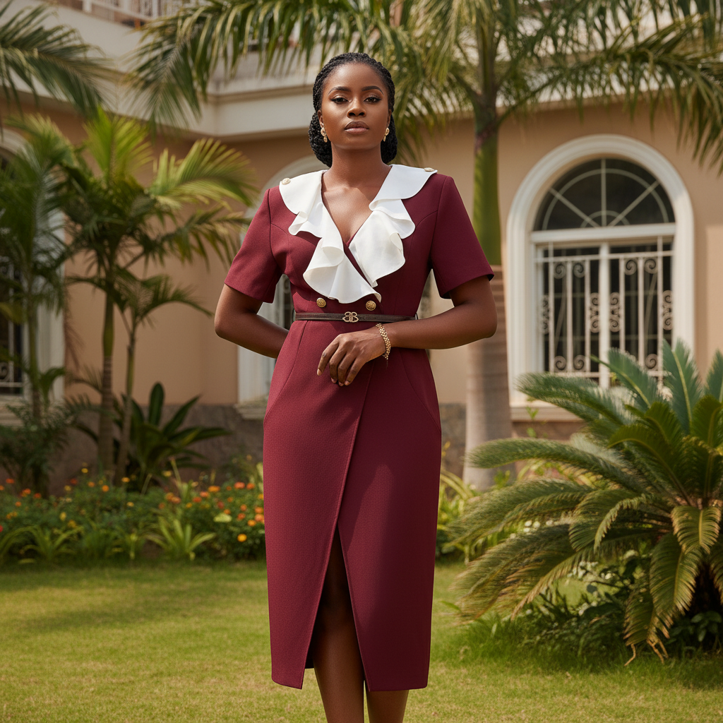 Ruffle Collar Belted Wrap Dress - Front Model View