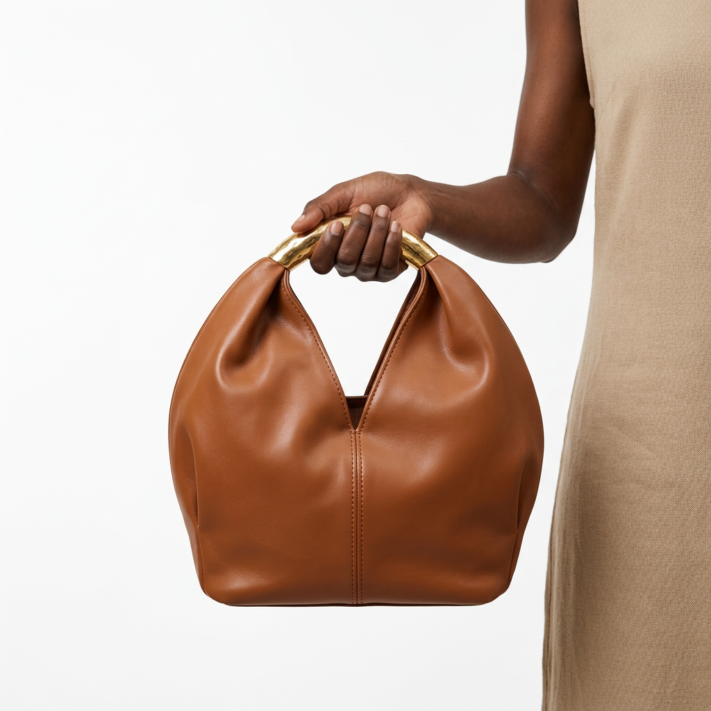 Warm-brown rounded handbag without label held by one hand at its gold-tone handle