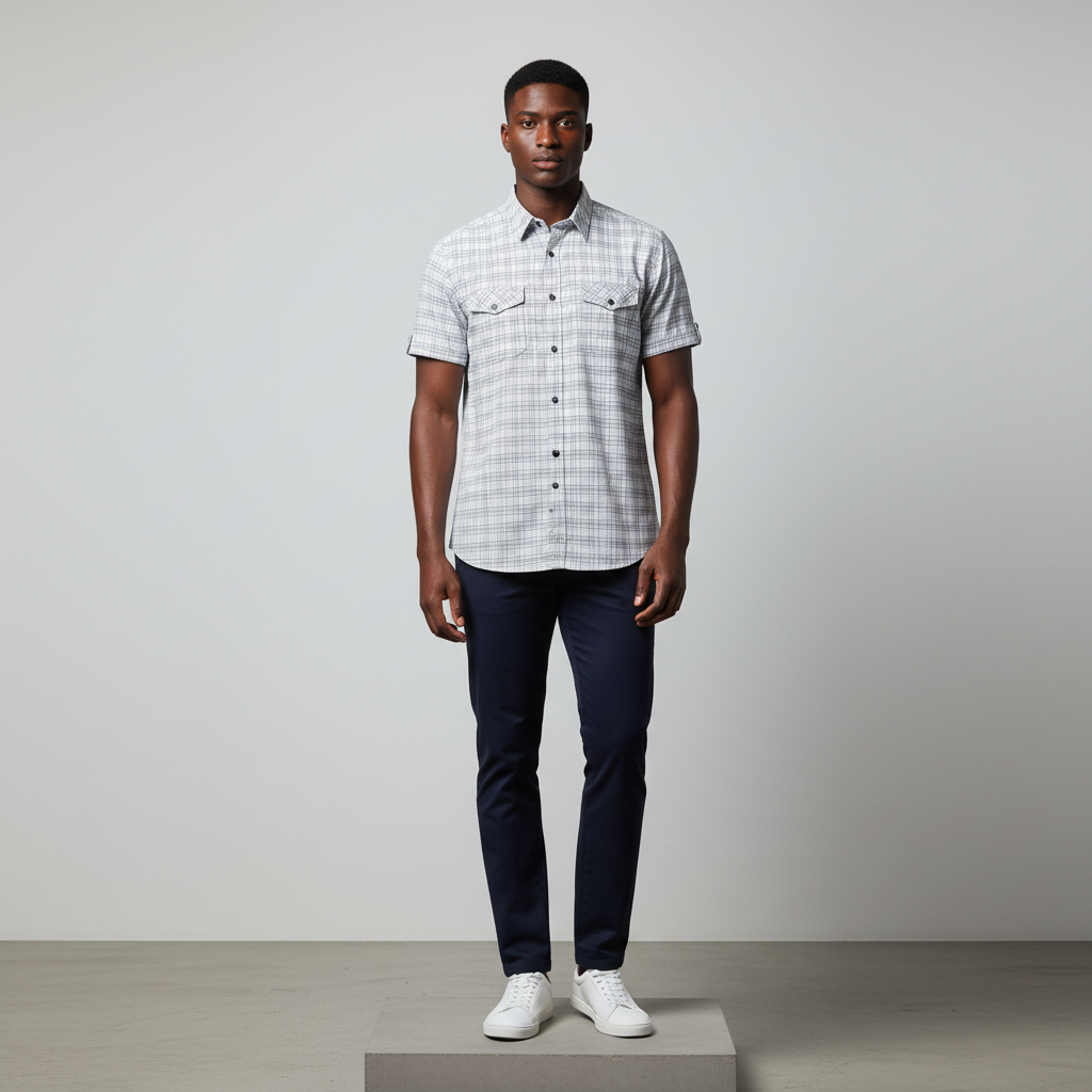 Nigerian male model wearing white and blue plaid short-sleeved shirt