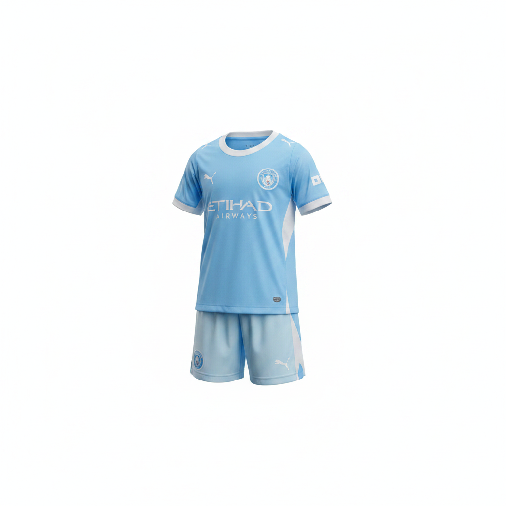 Manchester City FC kids football kit ghost mannequin — sky blue Puma jersey and shorts with Etihad Airways sponsor