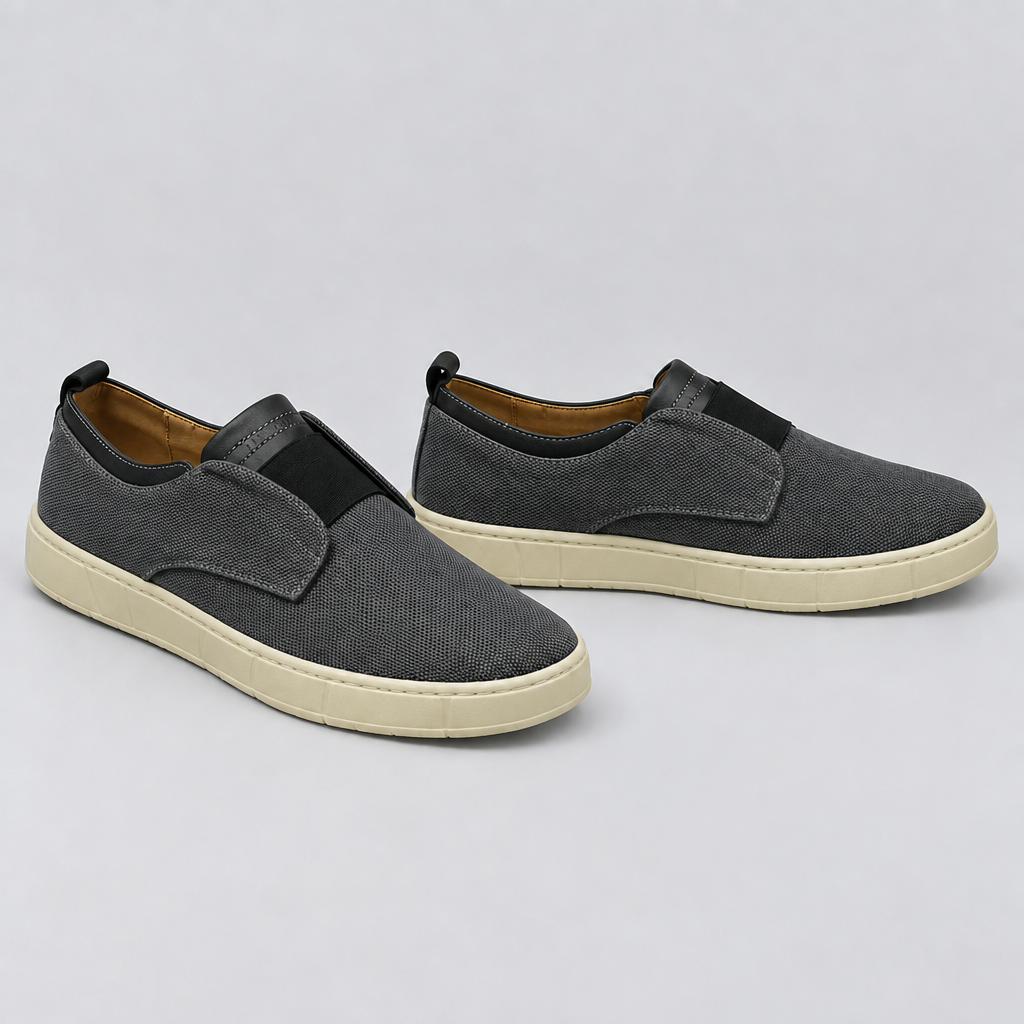 Men's charcoal grey woven slip-on sneakers, front and side view