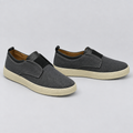 Men's charcoal grey woven slip-on sneakers, front and side view