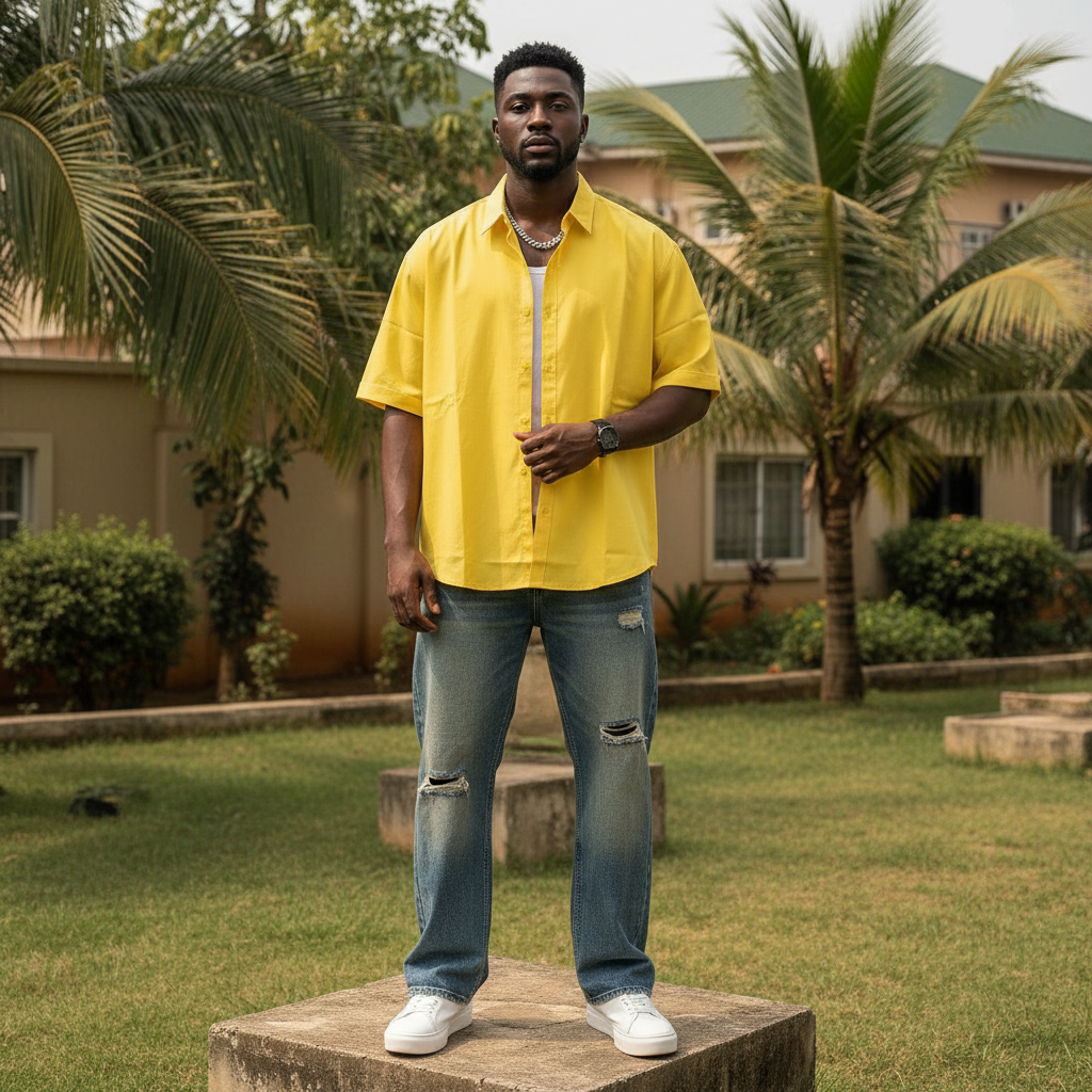 Nigerian male model wearing yellow oversized short-sleeve button-down shirt – full body lifestyle shot