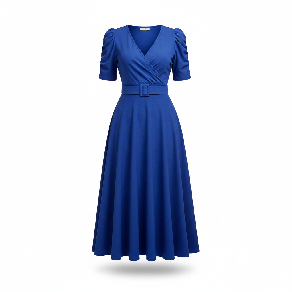 Royal blue belted A-line midi dress ghost mannequin view