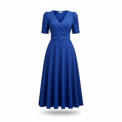 Royal blue belted A-line midi dress ghost mannequin view
