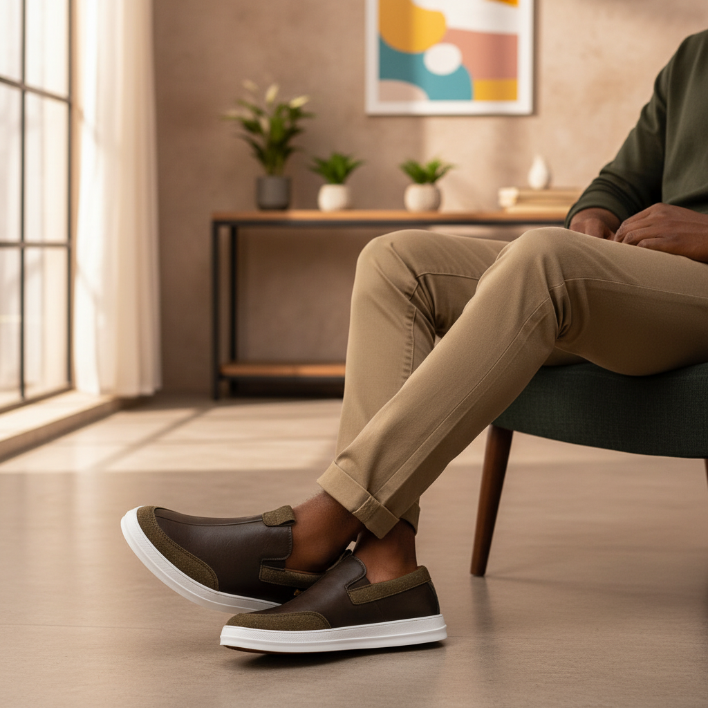 Olive Two-Tone Leather Canvas Slip-On Loafer - Model Shot