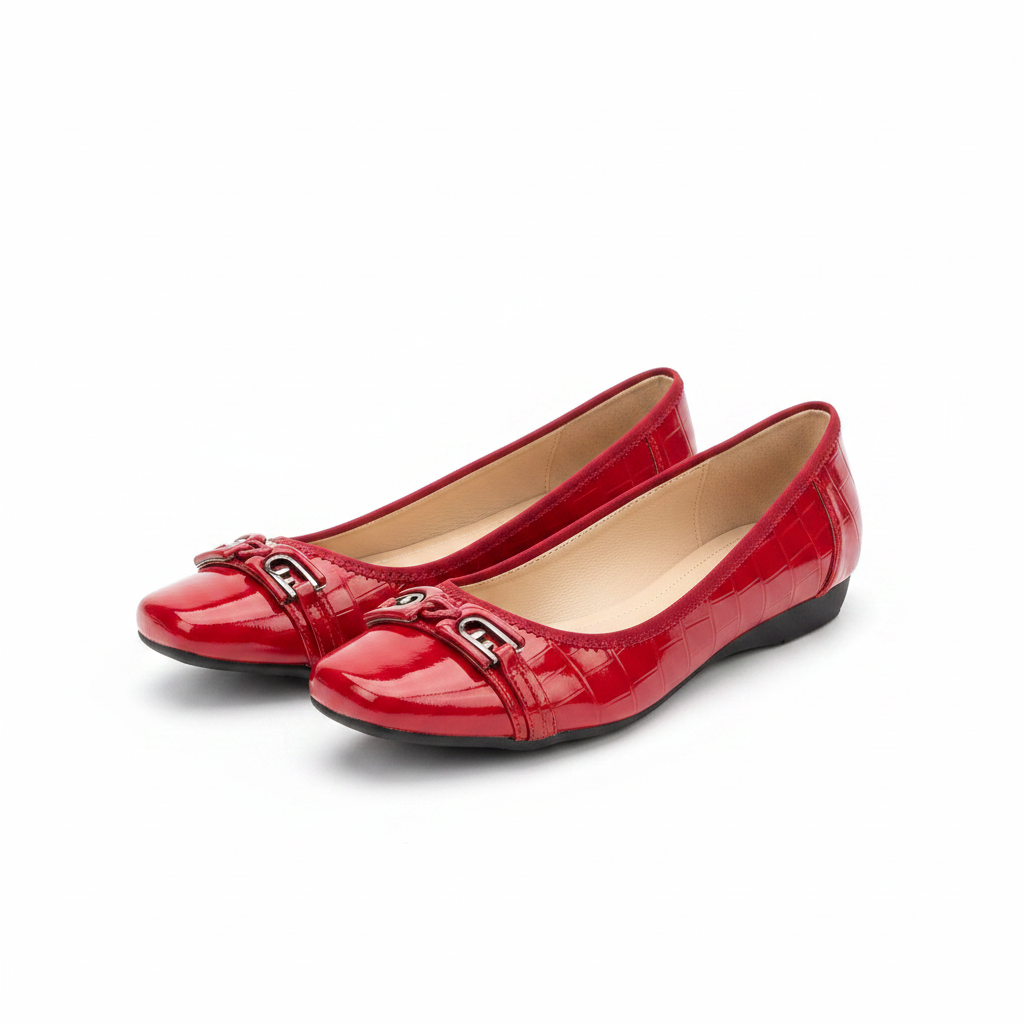 Women's red patent flat pumps with bar buckle – ghost mannequin pair view