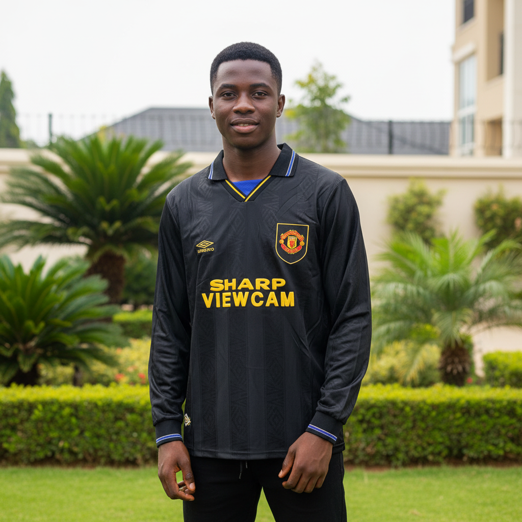 Black long-sleeve retro football jersey with yellow sponsor and diamond pattern — Nigerian male model front view
