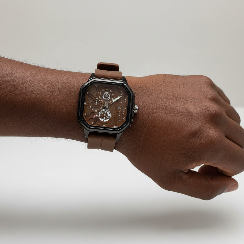 Brown multi-dial wristwatch worn on a Black man's wrist