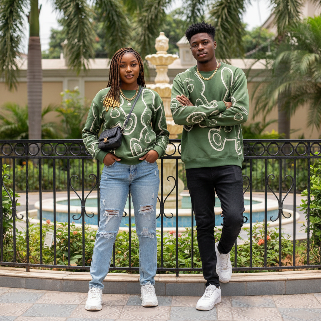 Unisex Olive Green Cartoon Bear All-Over Print Crew-Neck Sweatshirt – Nigerian Female and Male Models