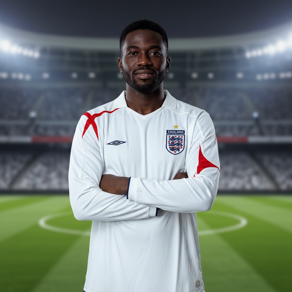 Nigerian male model wearing the white long-sleeve retro football jersey in a sports studio setting